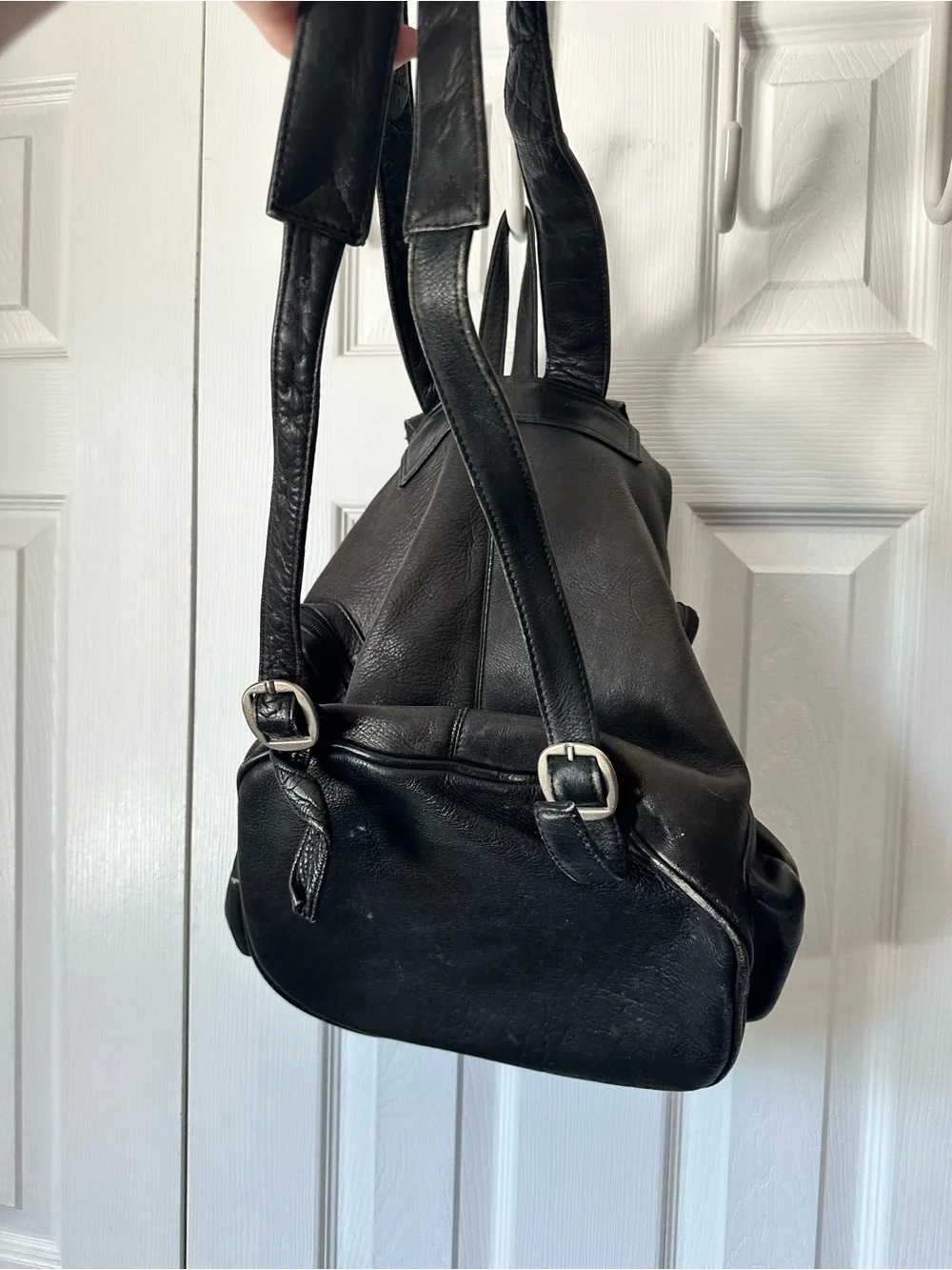 Vintage 90s Genuine Leather Distressed Black Backpack, Knapsack